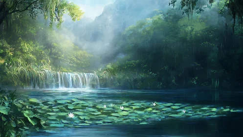 Whispering waterfall cradled by misty emerald forest dream.