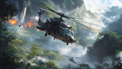 Attack helicopter penetrates humid jungle canyon under heavy fire
