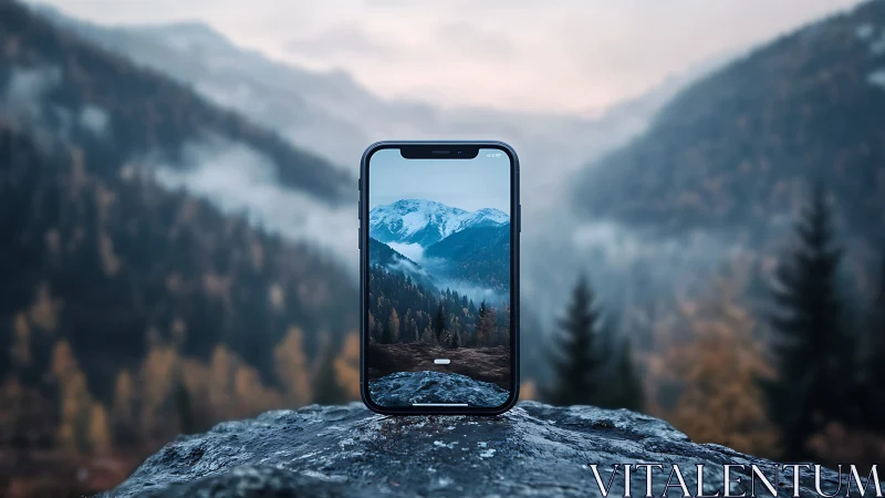 Smartphone framing misty alpine landscape in sharp focus.