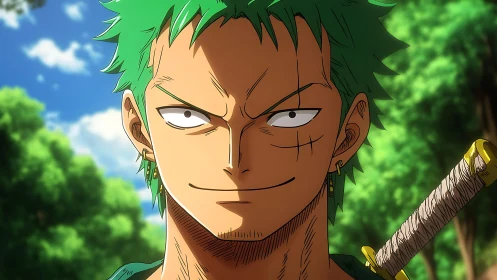 Green-haired anime swordsman gazes forward in forest setting
