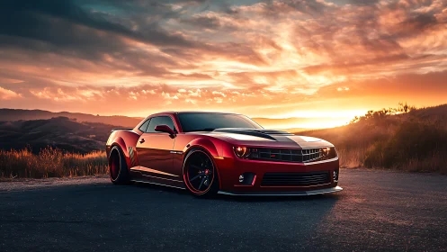 Sunset cruise with a fiery red muscle car on open road.