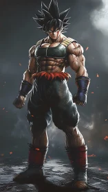 Muscular anime warrior stands in smoky environment