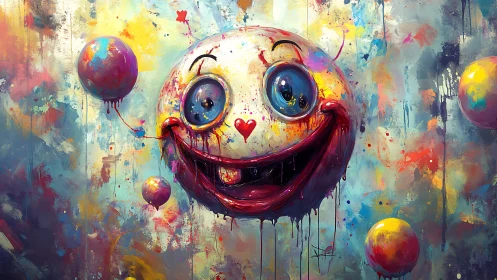 Playful painted clown face glowing in wild neon splashes.