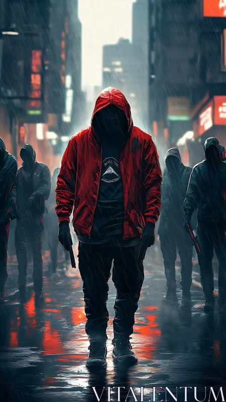 Hooded gunman advancing through neon city rainstorm.