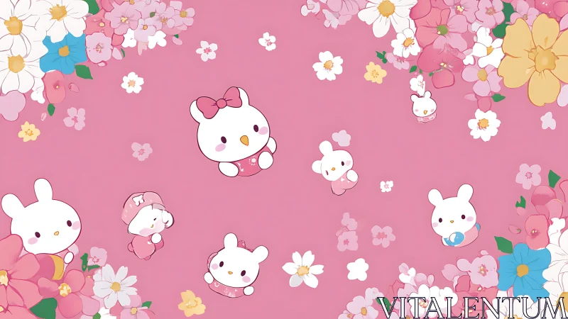 Playful pink bunnies enjoy a sweet spring flower garden