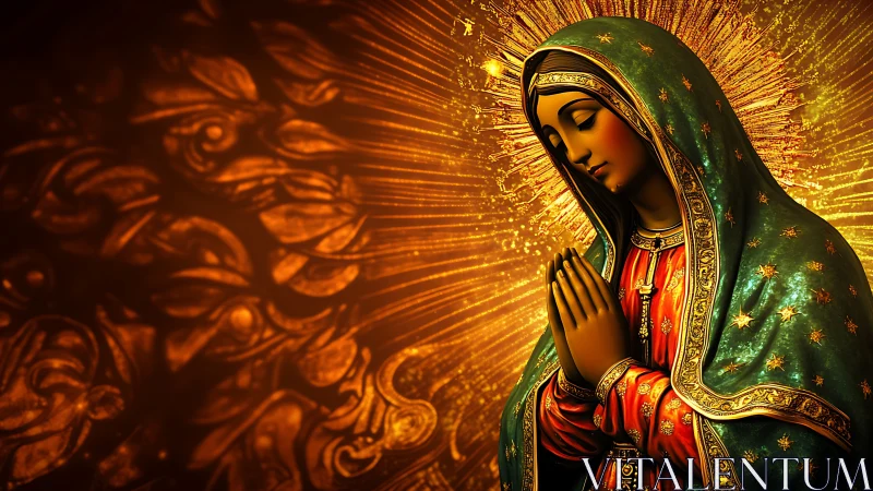 Golden prayers pour from a radiant cloaked Madonna