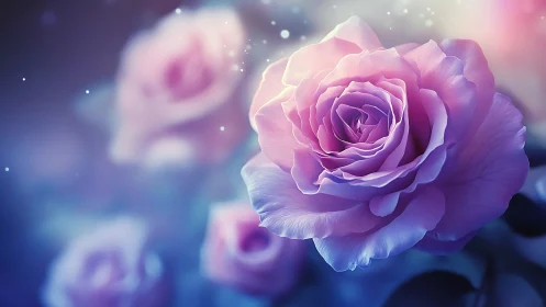 Luminous violet rose blooms softly within ethereal bokeh haze