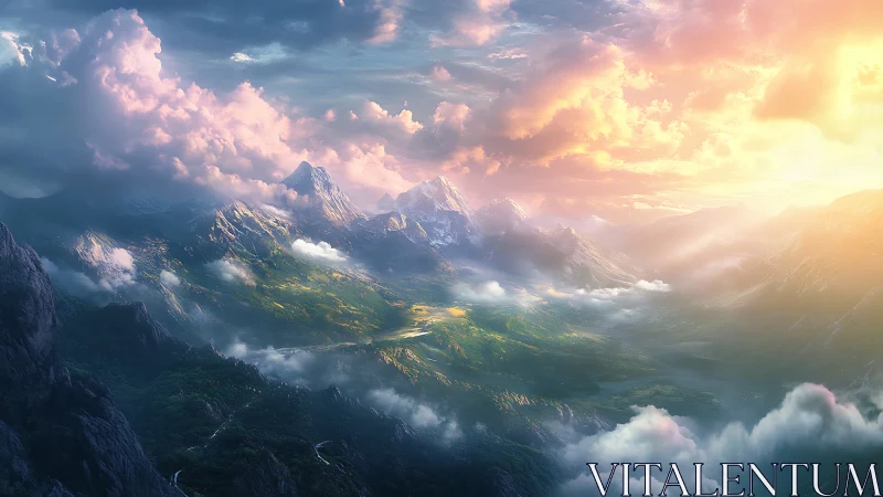 Sunlit fantasy mountains above a misty green valley.