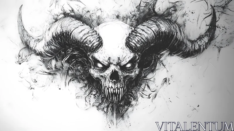 Horned demonic skull rendered as high-contrast ink vortex.