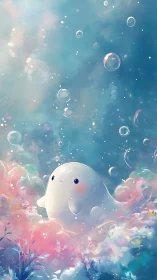 Adorable pastel sea spirit floats through dreamy bubble sky