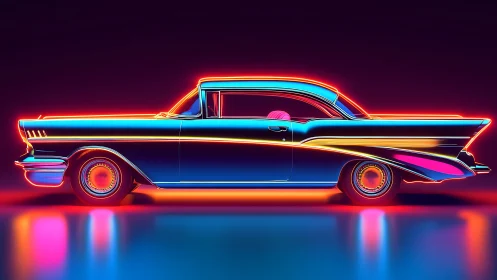 Neon highway cruiser bathing chrome fins in electric dusk.