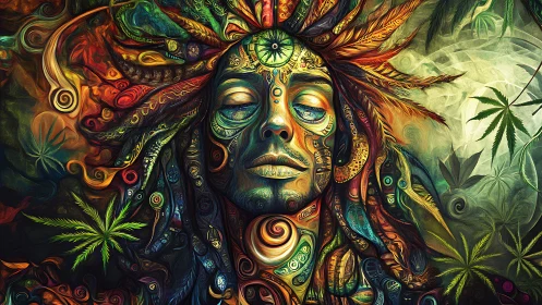 Psychedelic goddess in trance merges with swirling nature