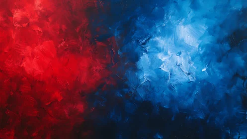 Red and blue impasto abstraction with dynamic color fields.