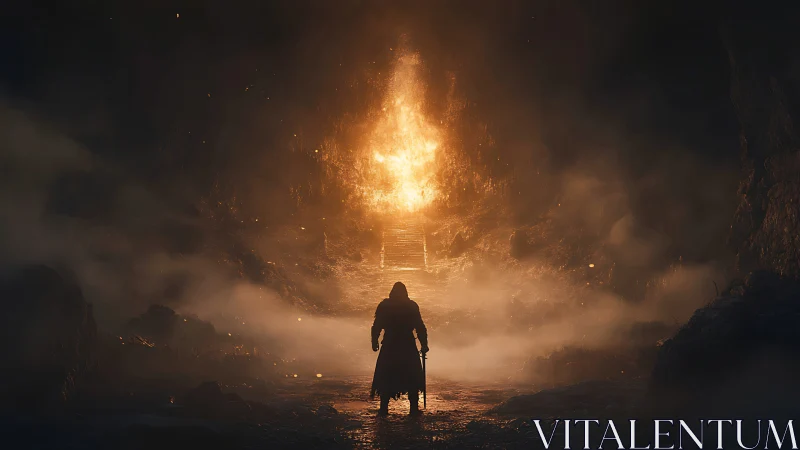 Lone warrior approaches infernal cavern gateway in cinematic backlight