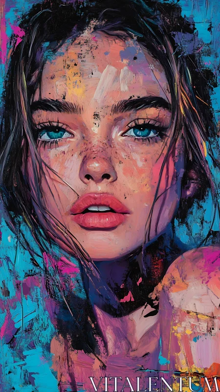 Close portrait of woman in vibrant layered brush textures