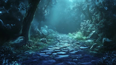 Moonlit stone path winding through dense blue forest.