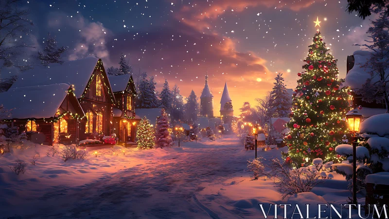 Snowlit village glows beneath a storybook Christmas sky.