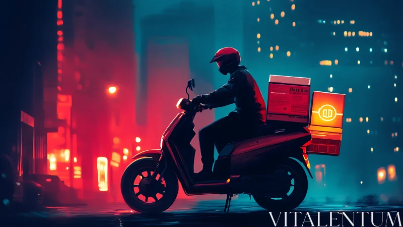 Courier on electric scooter crosses neon cyberpunk city street