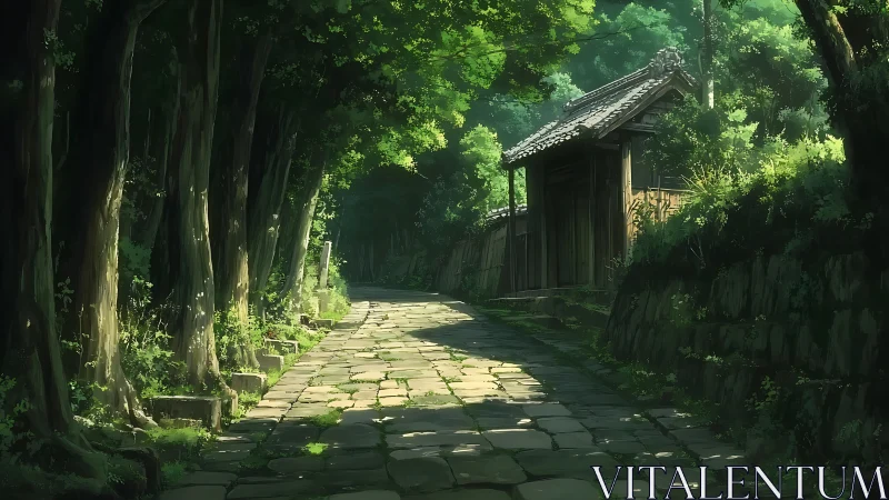 Sunlit stone path passes wooden gate in dense green forest