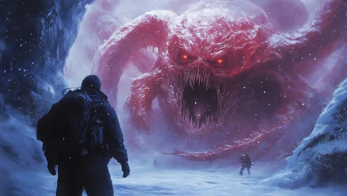 Frozen explorers face colossal red storm creature together.