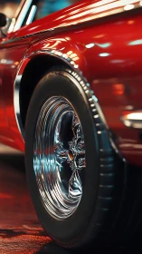 Chromed lowrider wheel close-up under warm neon reflections