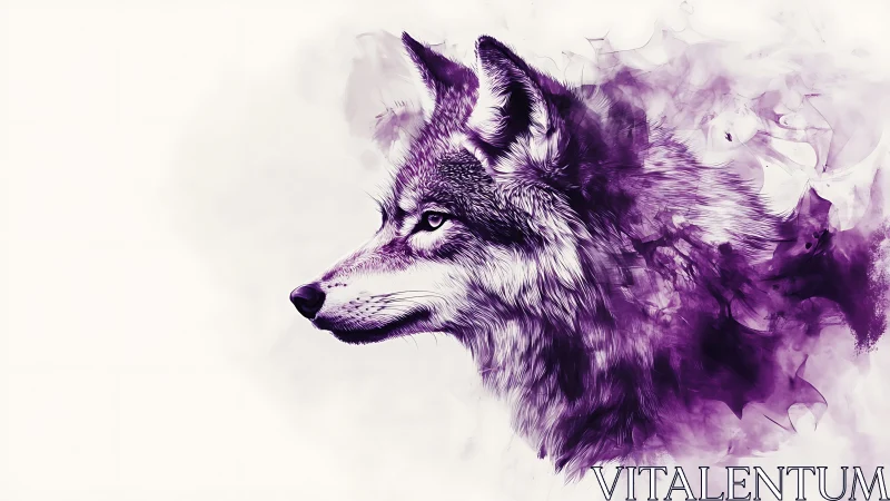 Violet wolf portrait dissolves into ethereal watercolor mist.