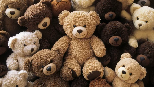 Central tan teddy bear surrounded by plush bear crowd