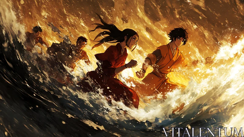 Kinetic anime wave surge with four figures in molten light.