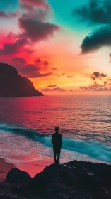 Solitary dreamer soaking in a softly glowing neon sunset.