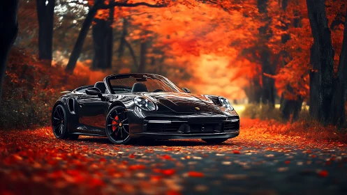 Black convertible sports car stands on forest road in autumn