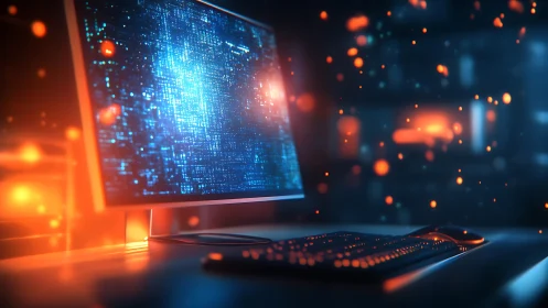 Glowing desktop computer in dark room with digital sparks.