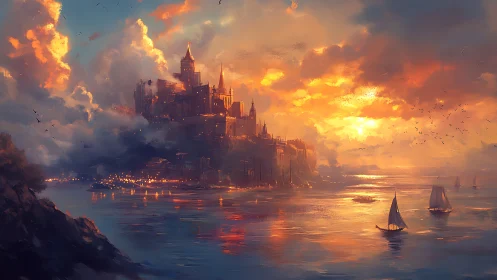 Coastal walled cityscape under dense sunset cloud cover.