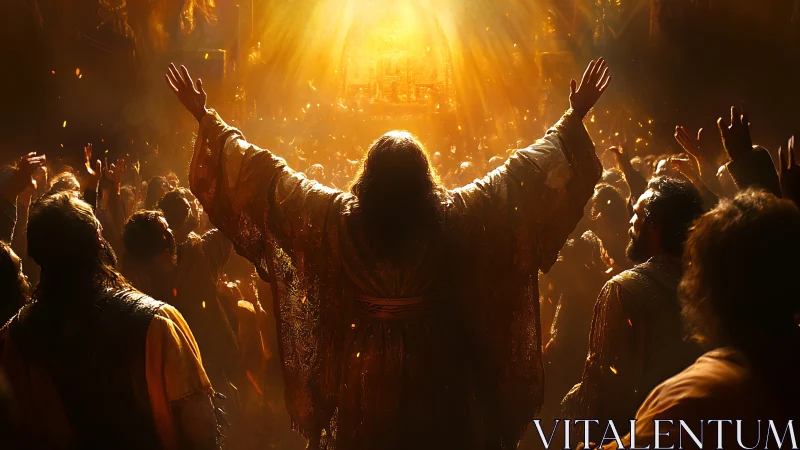 Warm light over joyful crowd in a glowing golden gathering.