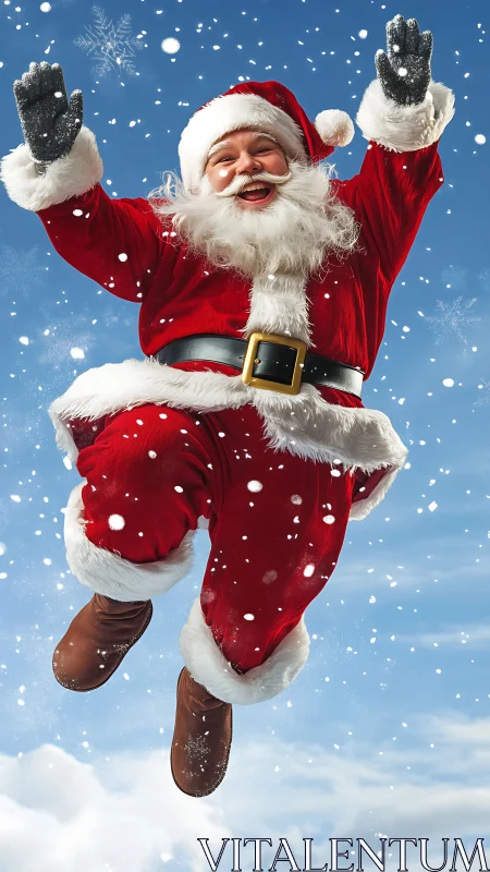 Dynamic midair Santa in red velvet suit with falling snowflakes