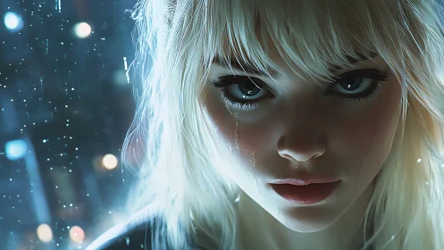 Intense close-up of blonde woman with rain-streaked face.