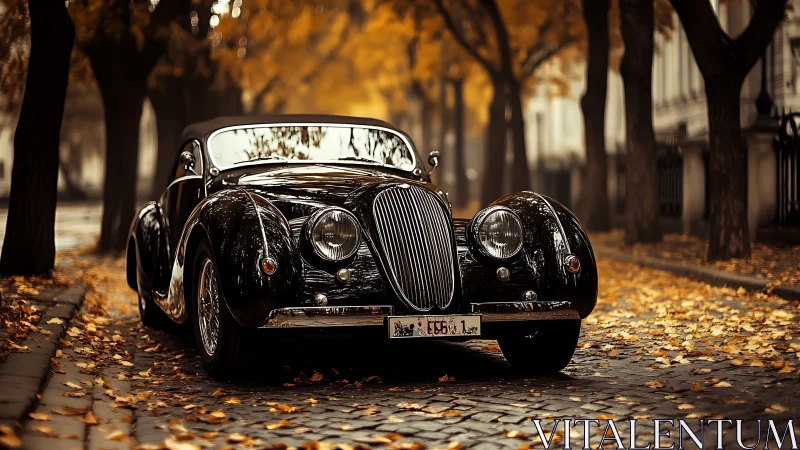 Vintage black roadster resting in a golden autumn lane.