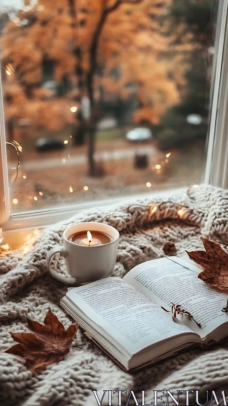 Autumnal reading still life with candle, bokeh, and textiles.