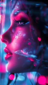 Neon-lit cyber portrait captures longing in electric glow