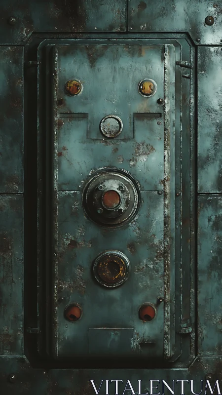 Corroded steel control panel with circular indicator ports