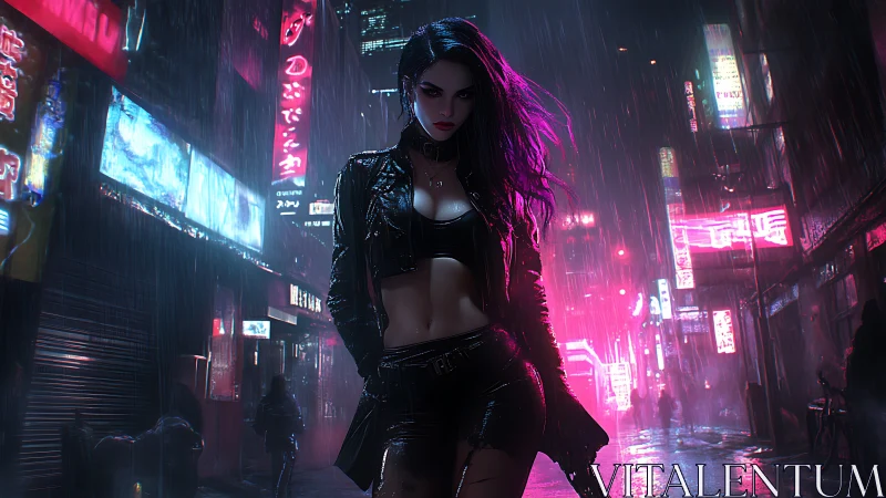 Cyberpunk femme fatale in neon-soaked nocturnal rainstorm.