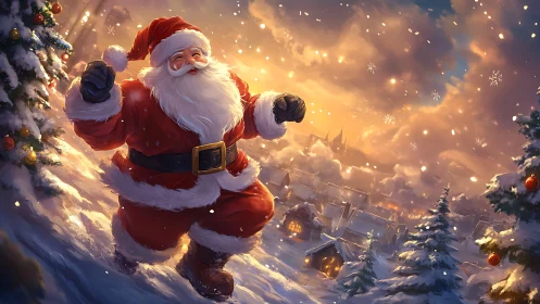Snow-dancing Santa strides above a glowing winter village.