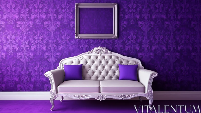 Purple damask wall with white tufted sofa and empty frame.