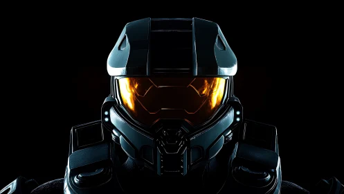 Stoic sci fi warrior in glowing armor against deep black.