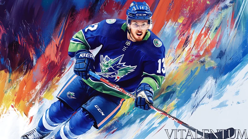 Hockey player in blue jersey charging on colorful ice.