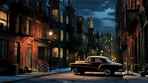 Midcentury coupe under sodium streetlight in nocturnal alleyway.