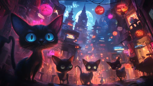 Neon Cats Watch Over a Glowing Cyberpunk City
