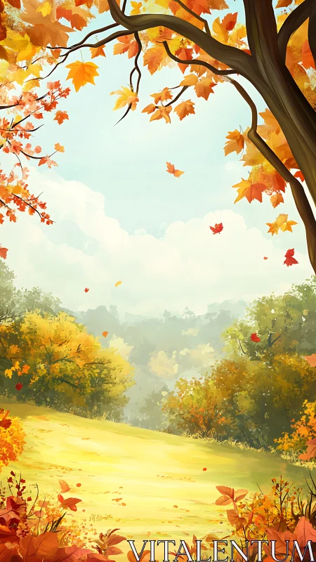 Golden autumn meadow under dancing leaves and soft sky.