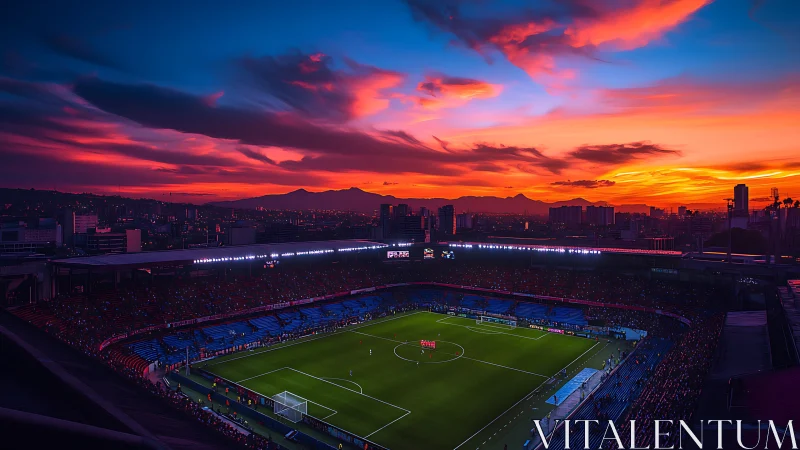 Floodlit soccer stadium under vivid sunset sky panorama.