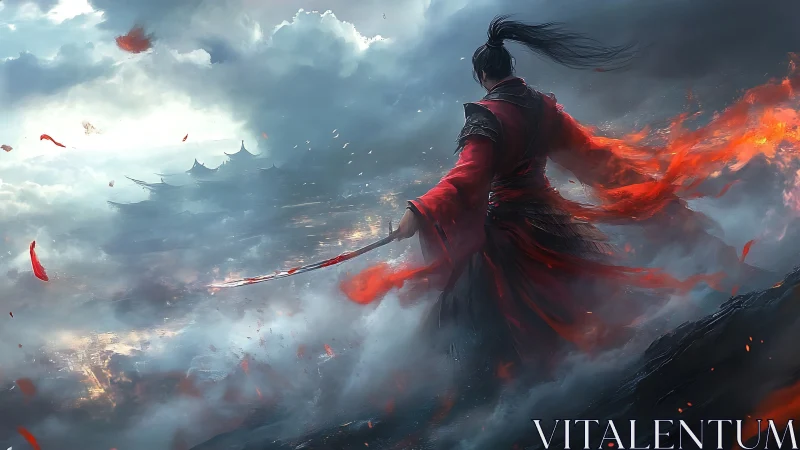 Blade of stormfire strides above a drowned celestial city.