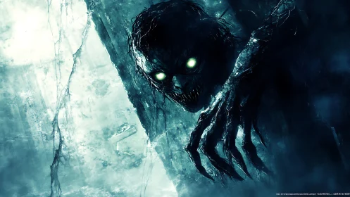 Spectral wraith emerging from icy abyss with luminous eyes